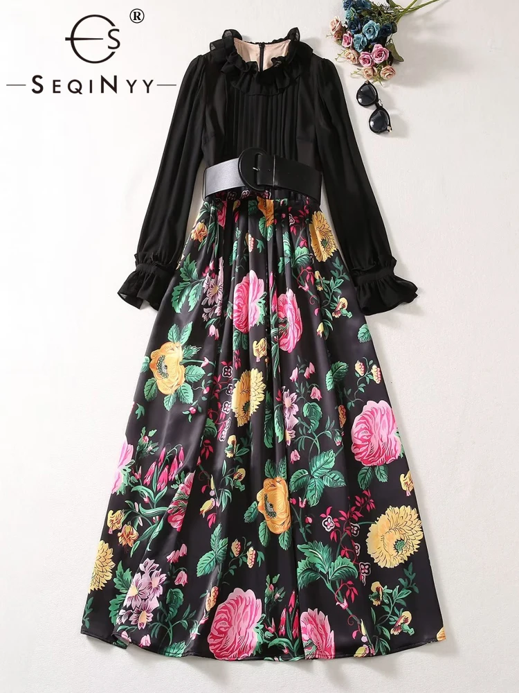 

SEQINYY Elegant Midi Dress Spring Autumn New Fashion Design Women Runway High Street Vintage Flower Print Spliced A-Line Casual