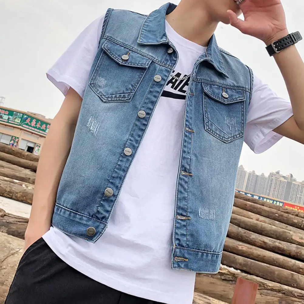 Description Picture 6 of itemSleeveless Denim Vest Men's Sleeveless Denim Jacket with Ripped Holes Pockets Single Breasted Waistcoat for Casual Wear Loose