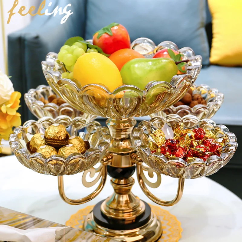 

Luxury Crystal glass fruit bowl multilayer snacks platters and trays Modern Rotate 360 degrees Snack candy tray dry fruit plate