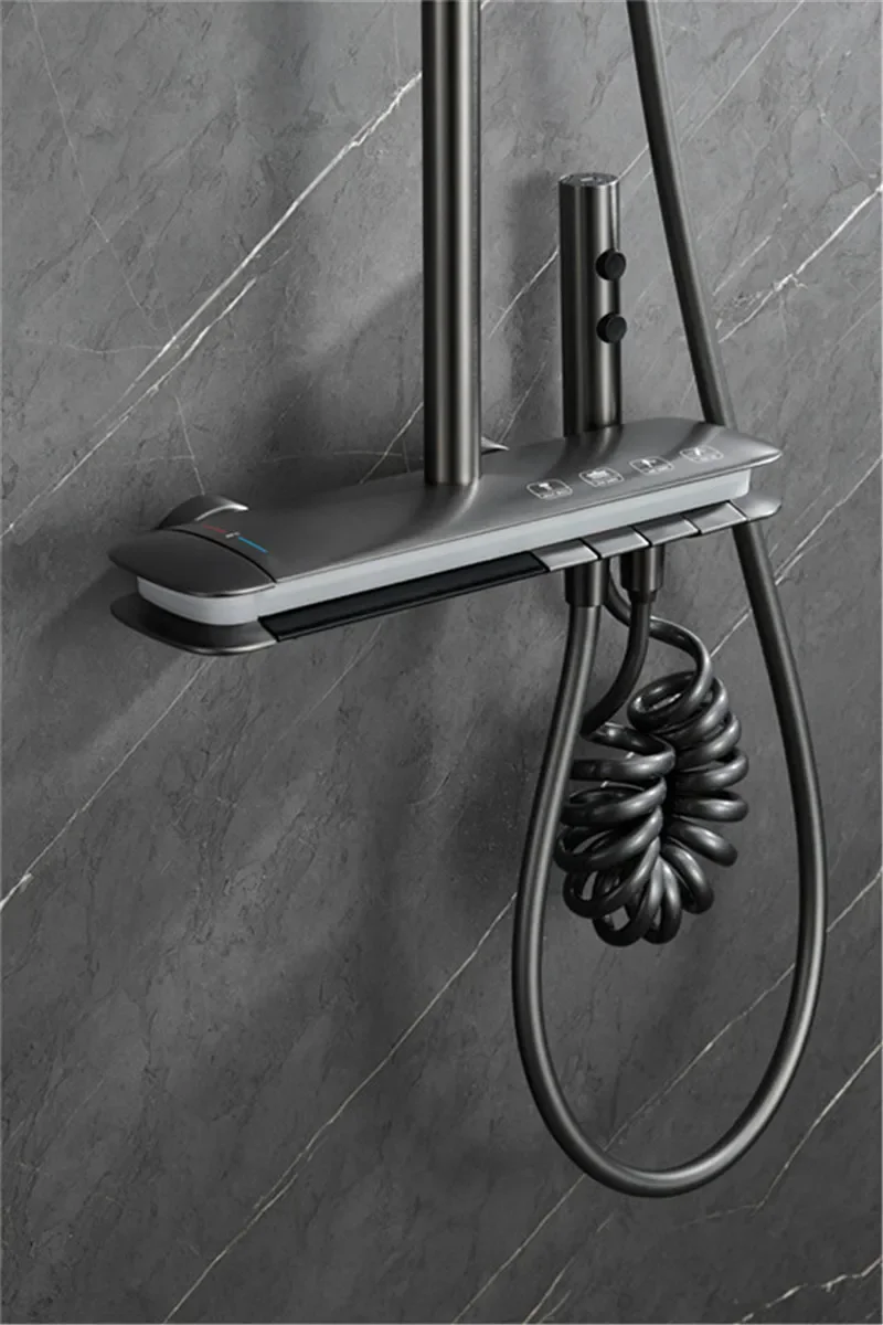 Description Picture 5 of itemBath Shower Faucets Set Brass Mixer Hot & Cold Taps LED Light Wall Mount Temperature Display Number Piano Button Style Gun Grey