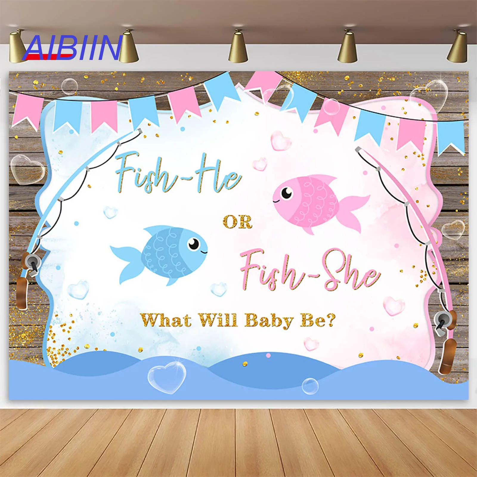 Aibiin Gender Reveal Background Fish Theme He Or She Wood Water Blue Pink Party Decor Fotografia Sfondo Ritratto Photozone