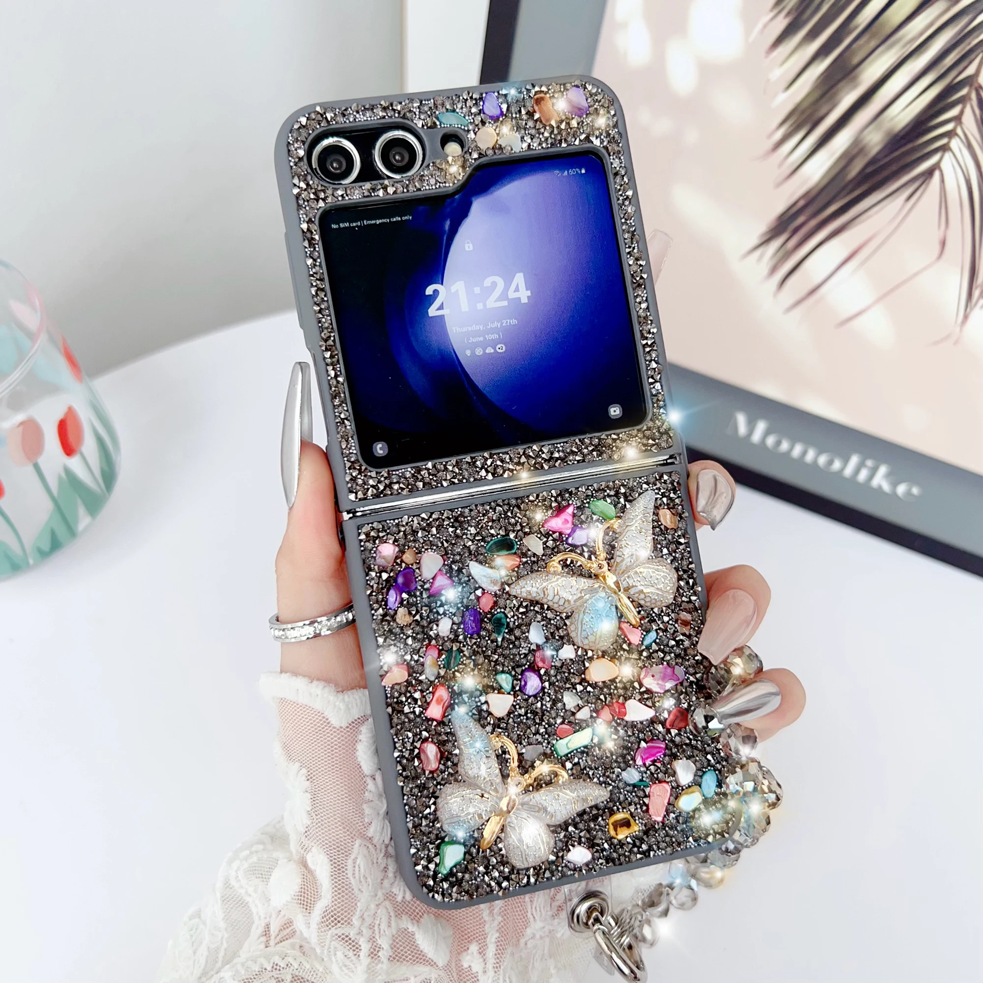 Per Samsung Galaxy Z Flip 3 4 5 6 Custodia per telefono con cinturino a farfalla in pietra colorata e cristallo scintillante elegante e carina_voghion.com