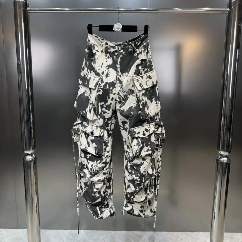 

BORVEMAYS Camouflage Printing Wide Leg Pants High Waist Patchwork Pockets Loose Fashion Trousers 2024 Spring New WZ8097