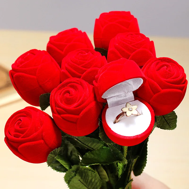 

Engagement Rose Flower Ring Box Flower Stem Plastic Romantic Red Wedding New Portable Wedding Bridal Valentine Day Jewelry Cases