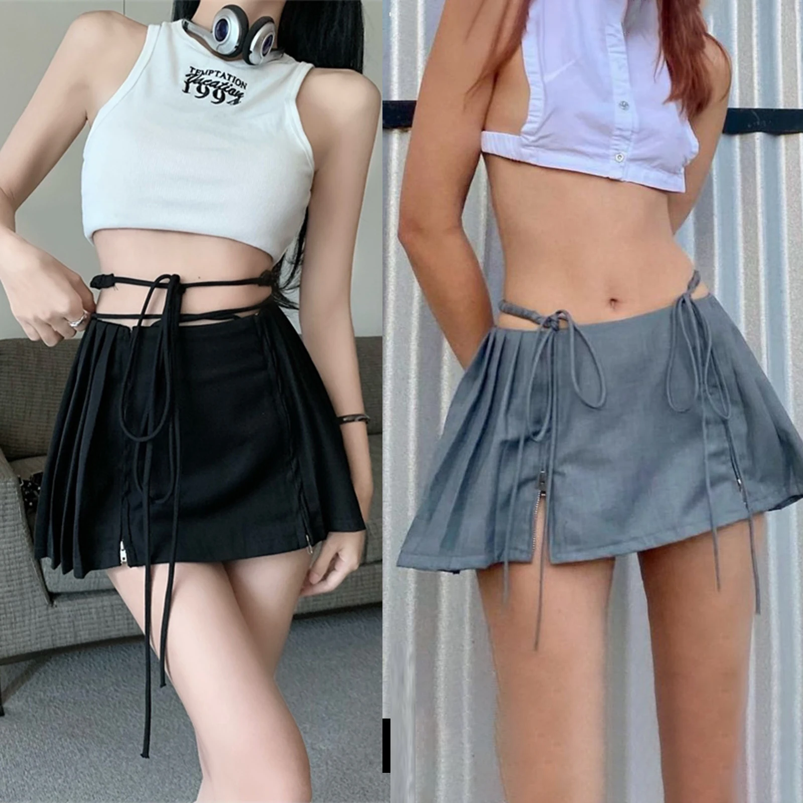 New Fashion Women Acute Summer Mini A-Line Skirt Solid Color Low Waist Pleated Tie Up Zipper Skirt Club Street Style Hot Sale