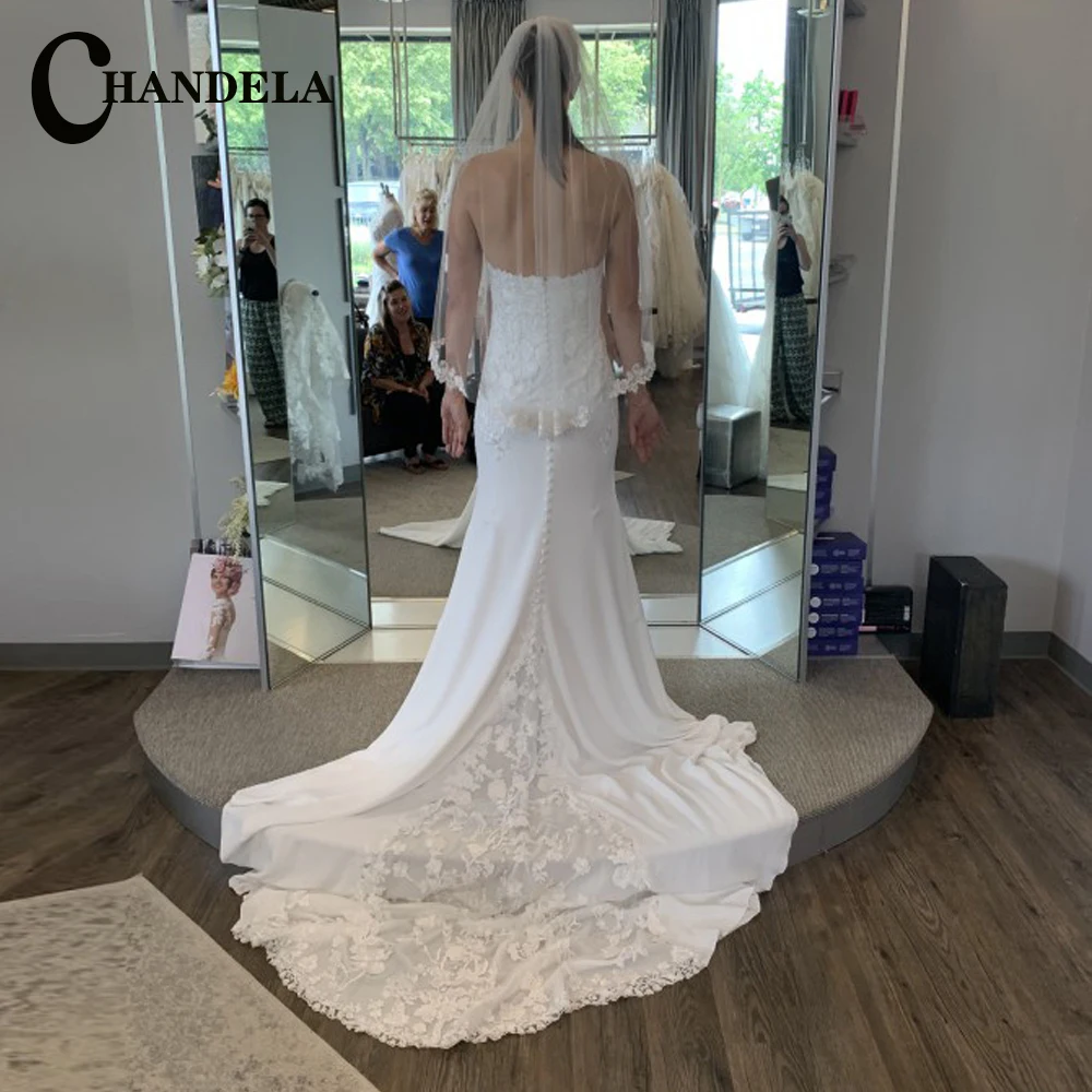 

CHANDELA Elegant Strapless Mermaid Wedding Dresses Lace Appliques Satin Backless Pleat Court Train Robe De Soirée De Mariage