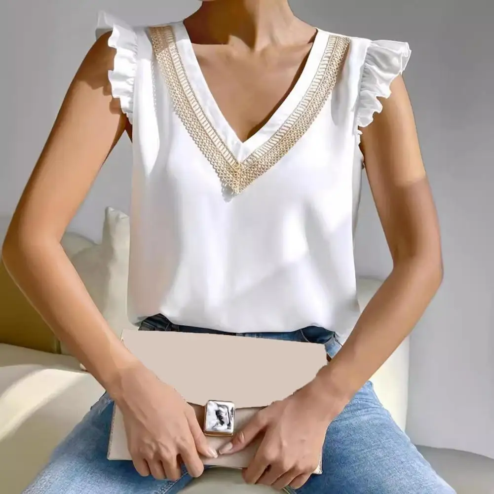 Women Summer Vest V-neck Ruffle Trim Sleeveless Tank Tops Solid Color Lace Splicing Shirt Tops Streetwear