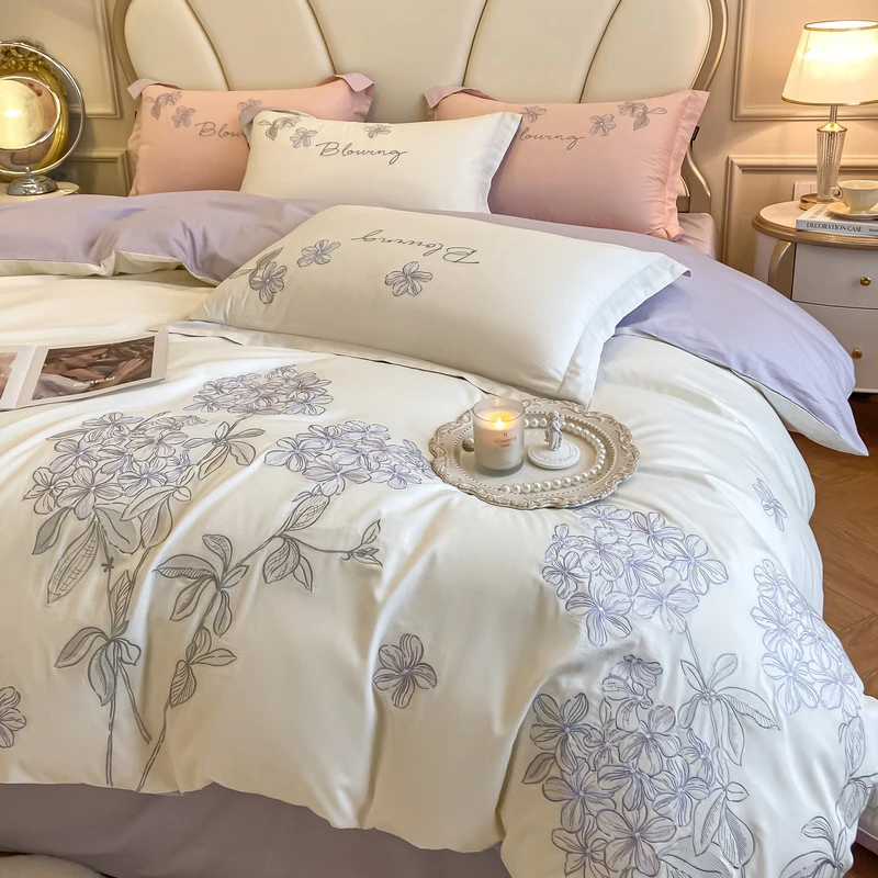 

Luxury Bedding Set 100% Cotton Chic Hydrangea Flowers Embroidery King Queen Duvet Cover Set Bed Sheet Pillowcase Soft Bed Sets