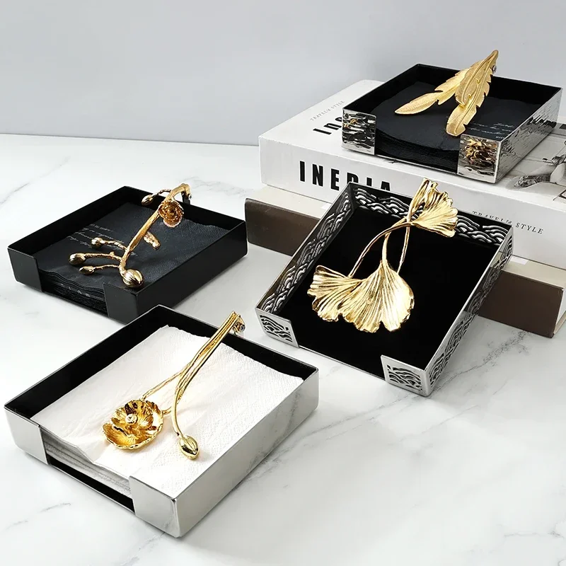 Ins European Stainless Steel Tissue Box Brass Ginkgo Leaf Decor Hotel Table Napkin Holder Afternoon Tea Desktop Tissue Organizer 3