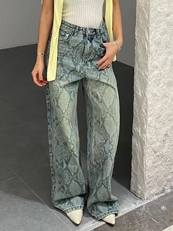 Romore High Street Lazy Snake Print Loose Wide Leg Pants Waed Denim Long Trousers Loose Fit l Waist Spring Summer Blue