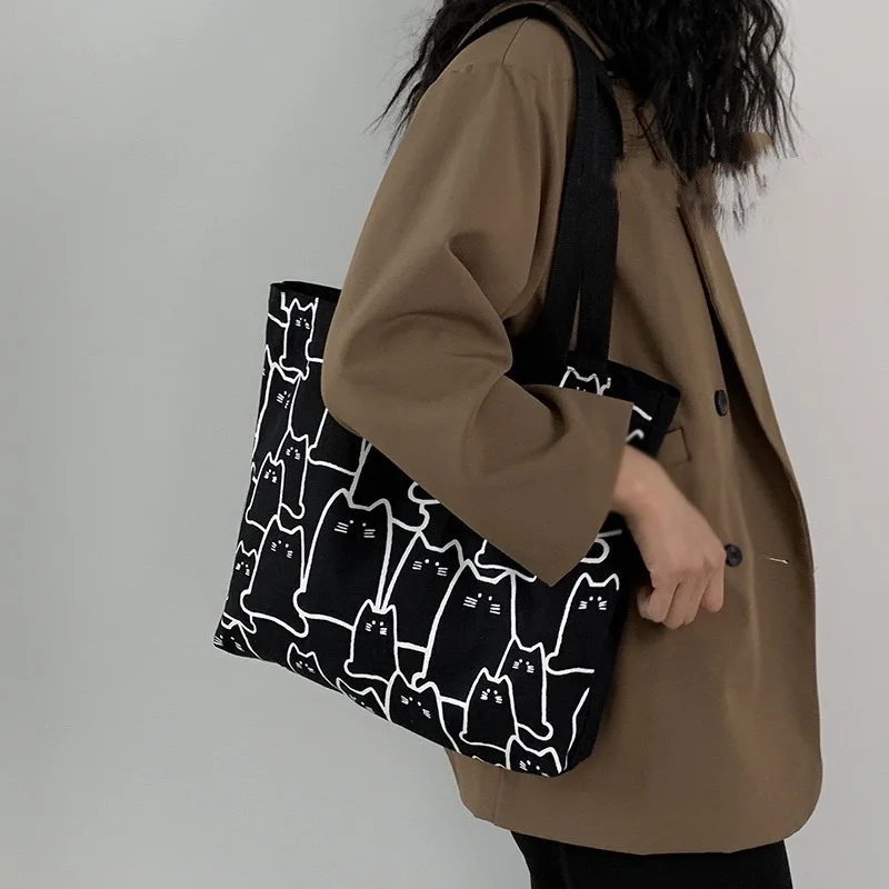 2022 Canvas Bags Handbag for Women Shopper Tote Bag Fashion Designer Bag Japanese Style Cartoon Cute Cats Small Eco Shoulder Bag
