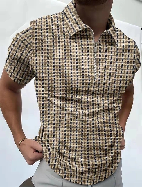 Shirt Fashion Striped Patchwork Short Sleeve Tops For Men Casual Turn-down Collar Zip-up Polo Shirts 2021 Summer Men's Slim Polo PLS-58