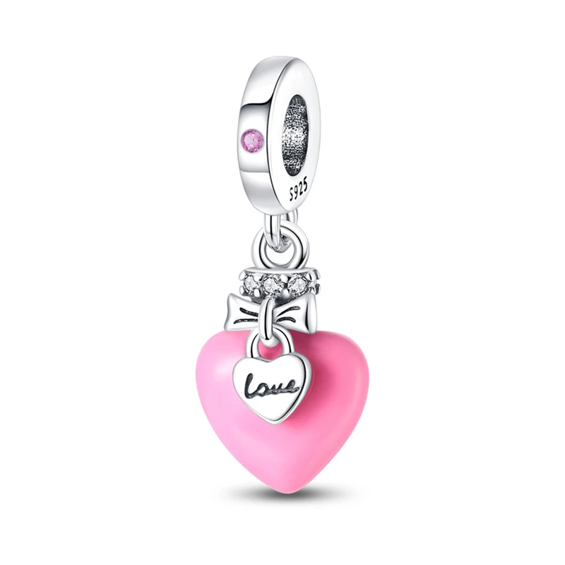 Silver Colour Luminescent Beads Pink Heart Charm Fit Pandora Charms Silver  Colour Original Bracelet for Jewelry Making