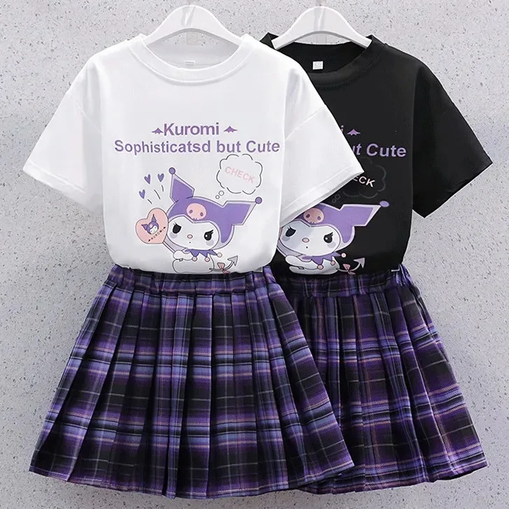 

Sanrio Kuromi Kawaii Girls College Style T-shirt Skirt Suit Summer Clothes New Girl Suit Children's Clothes Style Pleated Skirt