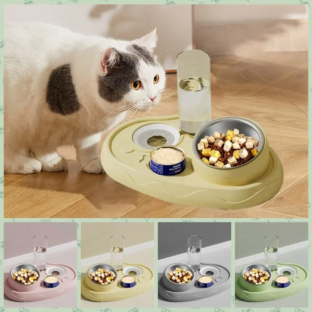 

Stainless Steel Cat Automatic Feeder Double Bowl Plastic Kitten Drinking Bowls Detachable 15 Degrees Tilted