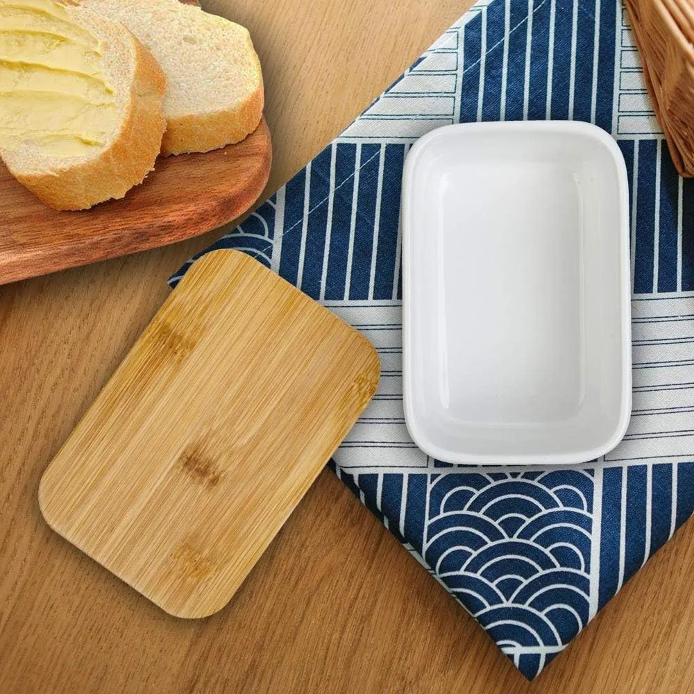 Porcelain Butter Dish with Lid Ceramic Butter Dish with Bamboo Lip for Countertop Resistant Heat Kitchen Storage