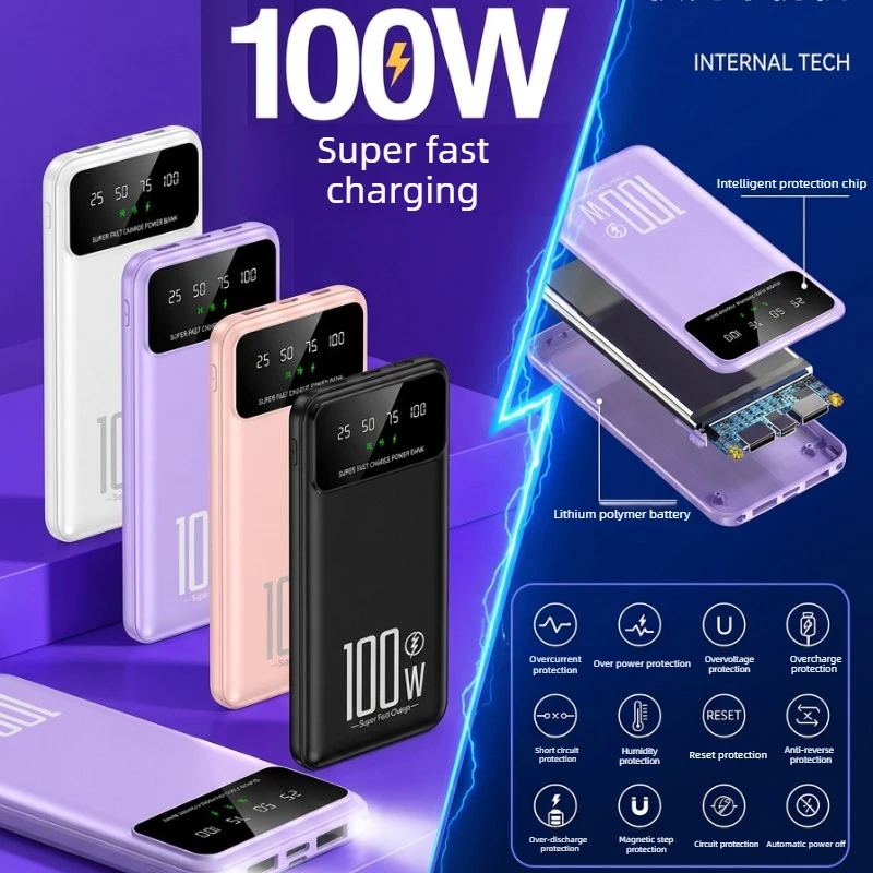 20000mAh 디지털 디스플레이 파워 뱅크 100W 고속 충전기(LED 조명 포함) 모든 스마트폰용 휴대용 외부 배터리