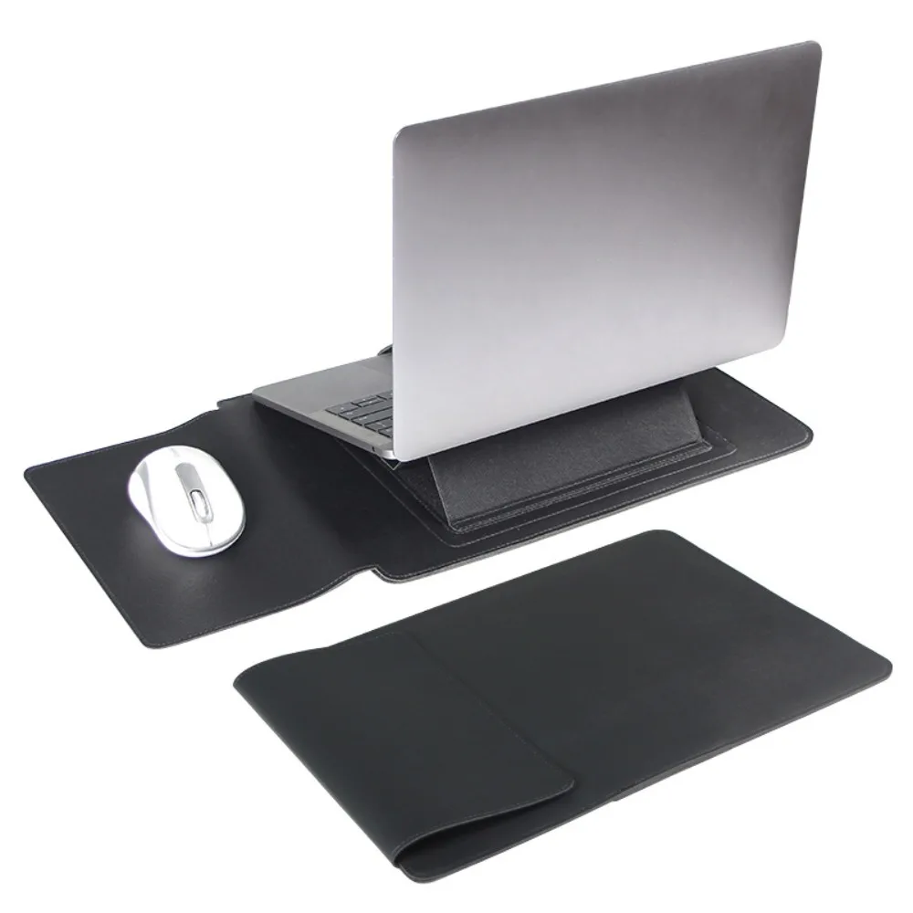 Versatile PU Leather Laptop Sleeve with Stand and Built-In Mouse Pad - Shockproof Protection