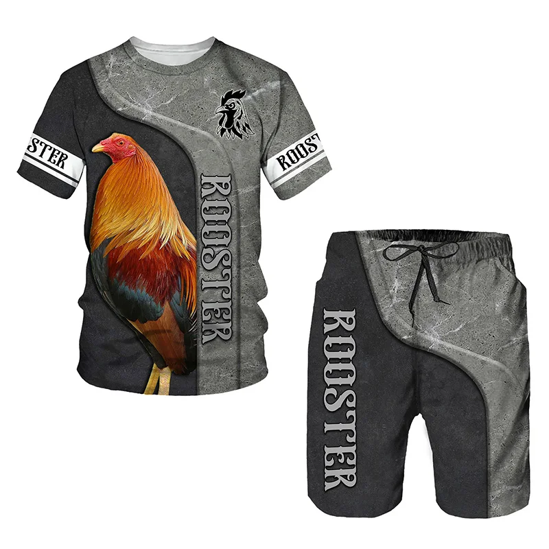 Rooster Hunting Summer Men's 3D Print Man Set Tshirt+ Shorts Outfit Tracksuit Cock Animal Short Sleeves 2 Piece Oversized Suit