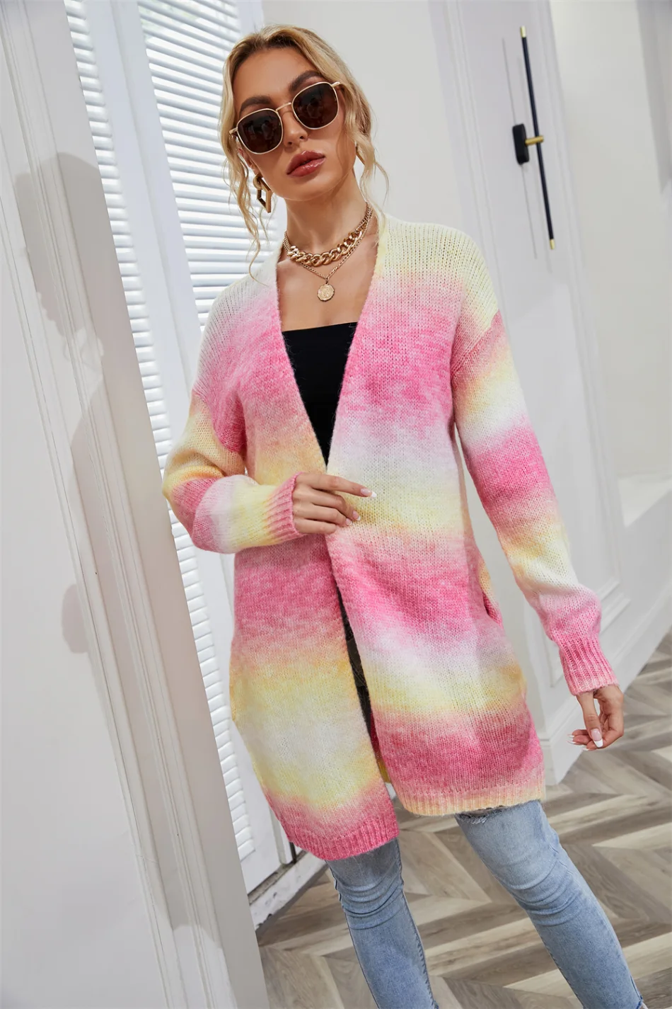 2024 New Winter European American Sweaters Rainbow Tie-dye Mid-length Oversized Cardigan Women Knitwear Jacket Long Sleeved Tops
