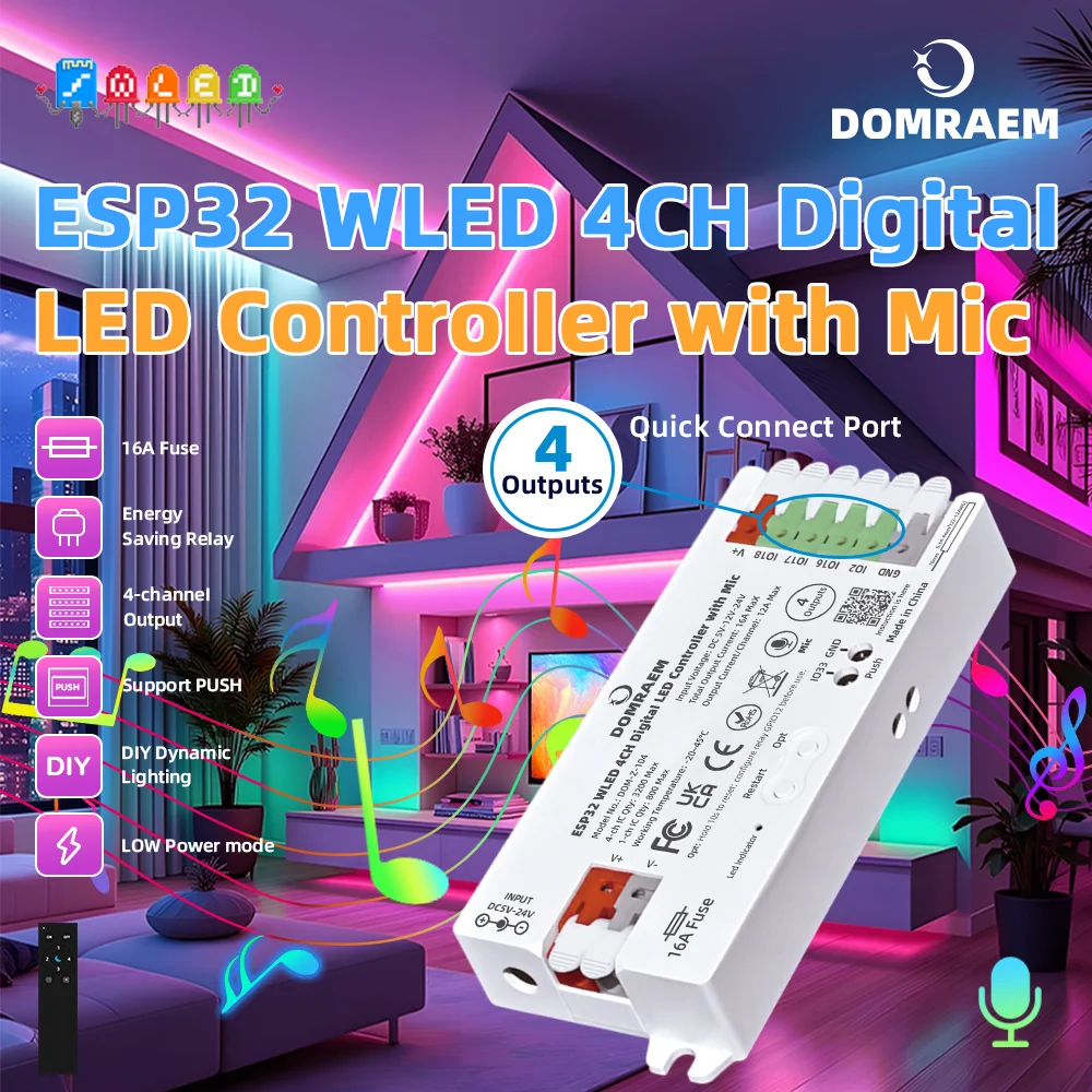 DOMRAEM ESP32 WLED Controller 4-Kanal 16A Sicherung Mikrofon-Soundreaktiv Niedriger Energieverbrauch HA Alexa-Kompatibel WS281X SK6812 RGBIC LED-Streifen DIY – Detail 1