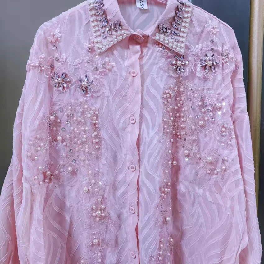Blusas de gran tamaño con cuentas de perlas de lujo para mujer