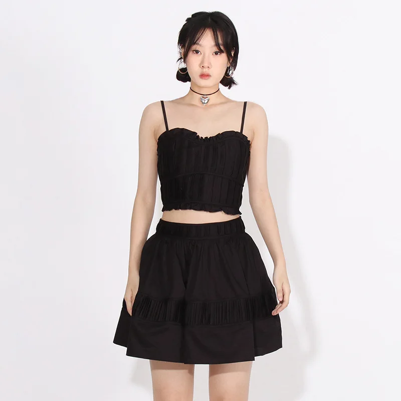 

Fashionable Sweet And Spicy Style Set 2024 New Design Feeling Pleated Bra Strap Top+High Waist Short Half Skirt