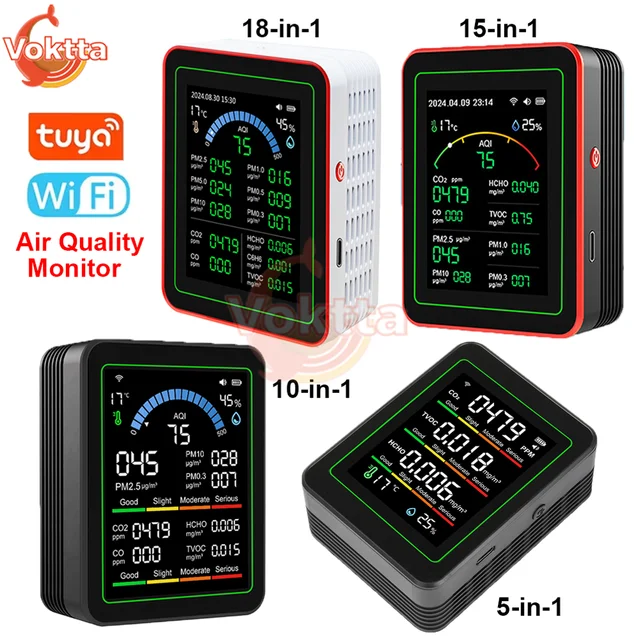 เครื่องตรวจวัดคุณภาพอากาศอัจฉริยะอเนกประสงค์ Tuya WiFi ตรวจจับ CO2, CO, TVOC, HCHO, PM, ฟอร์มาลดีไฮด์ พร้อมวัดอุณหภูมิและความชื้น 1