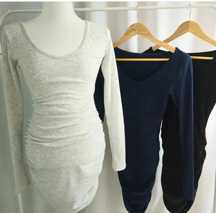 Frühlings-Sommer-Damenkleid 2026, schlanke, taillierte Falten, körperbetontes Bleistiftkleid, solide, vielseitige lange Ärmel, Basisschichtkleid – Detail 15