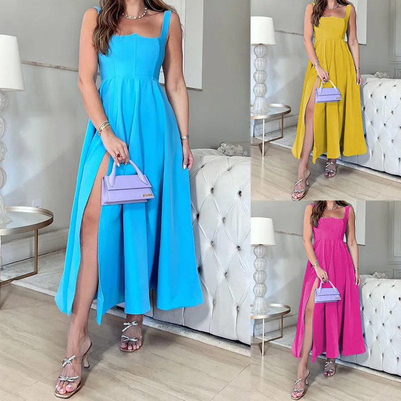 

SKMY 2024 Summer New Clothes For Women Sexy Sleeveless Spaghetti Strap Evening Dress Fashion Solid Color Midi Dresses Party
