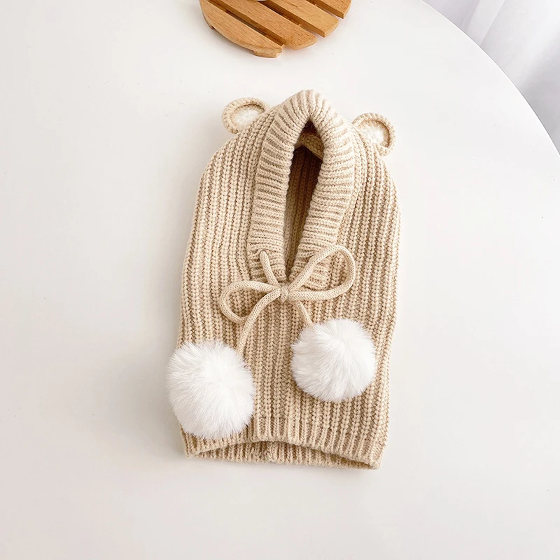 Baby Kid Knit Hooded Scarf Girl Boy Pom Pom Drawstring Hat Scarves Winter Child Outside Warm Accessories Wear 1-5T