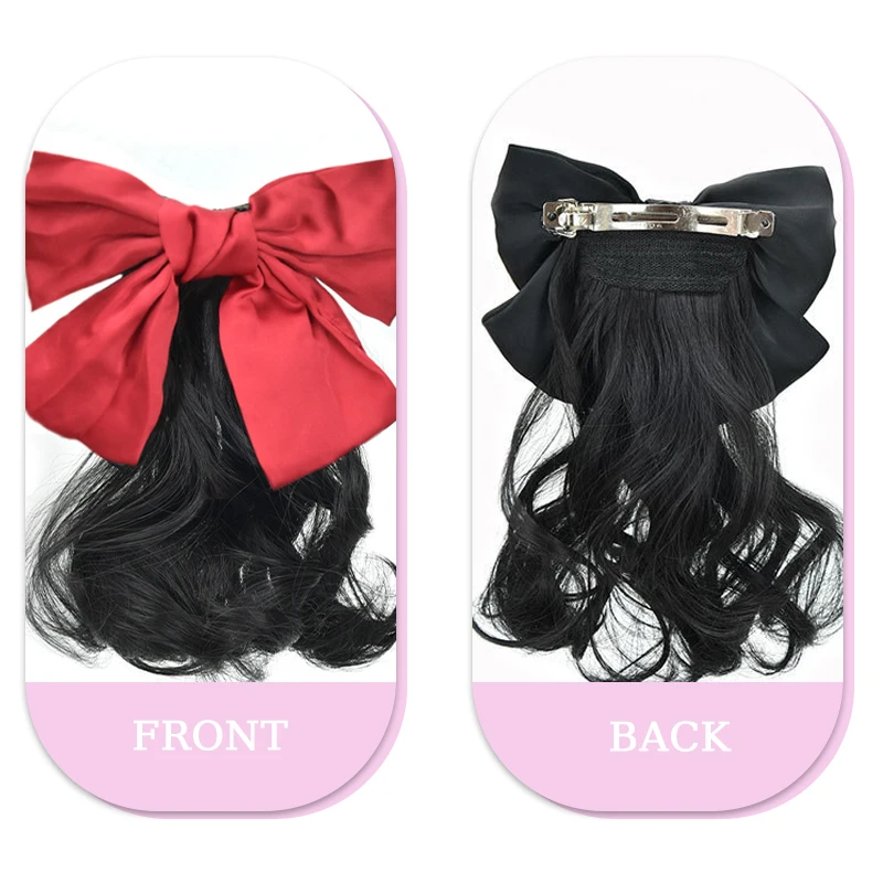 Synthetic Wavy Hair Ponytail Extensions Kids’ Bow Wig Clip Short Wavy Ponytail Hairpiece with Red&Black Bow for Kids Daily Use