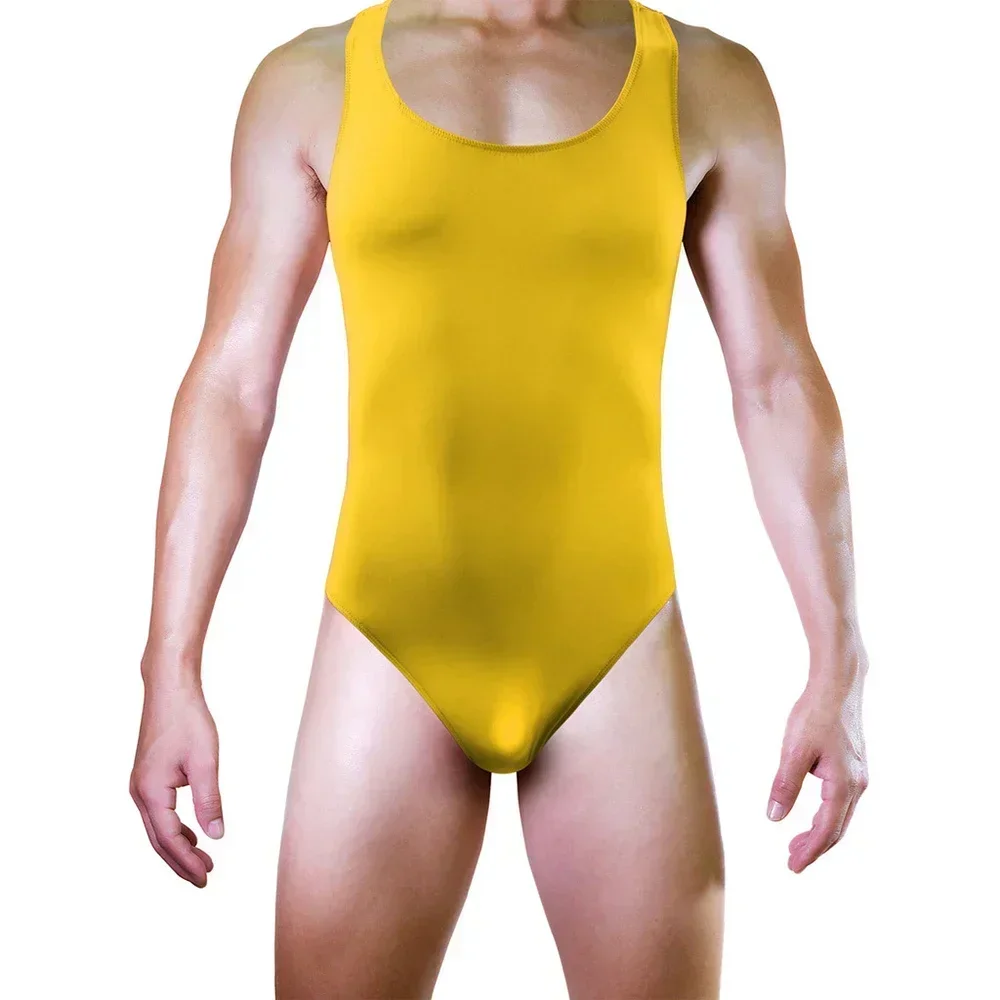 Sexy Men's Ice Silk Sleeveless Tank Tops Jockstrap Thongs Bodysuit Male Soft Tights Lingerie Jumpsuit Underwear