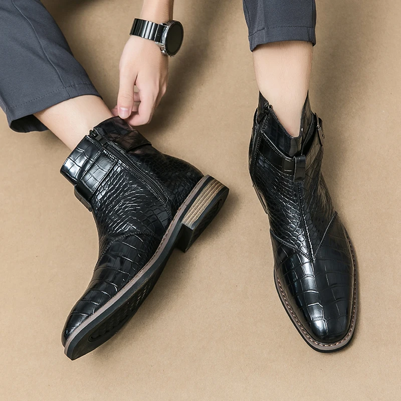 High End Banquet Formal Boots Winter Ankle Boots Men's Business Shoes Pointed Men's Genuine Leather Shoes Retro Brown Size:38-46