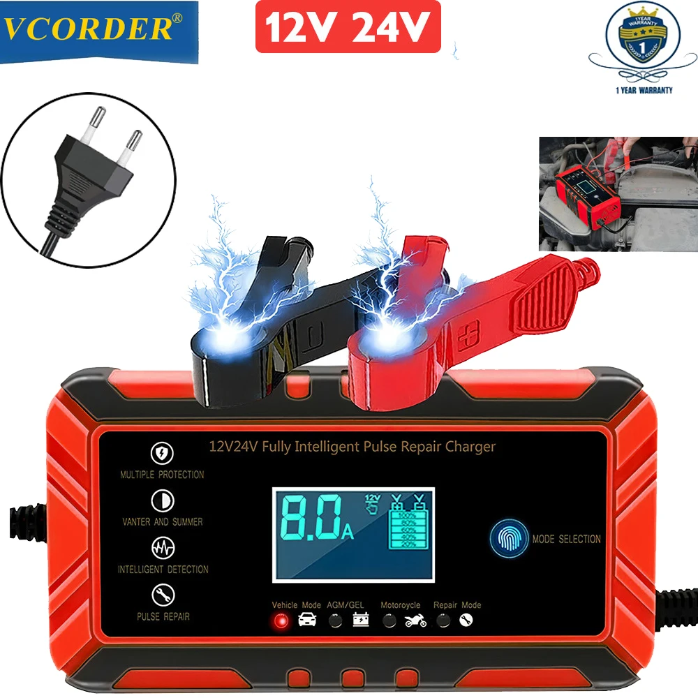 12/24V 8A 6A Intelligent Car Battery Charger Pulse Repair LCD Battery Charger For Car Auto Motorcycle Lead Acid Agm Gel