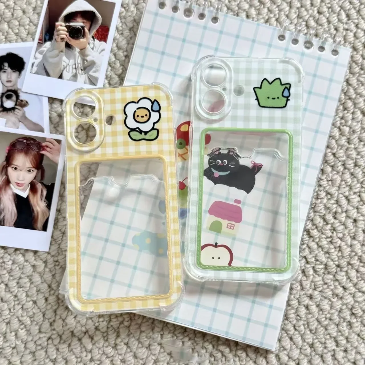 Floral Grid Pattern Cardholder Phone Case - Y2K Inspired Design