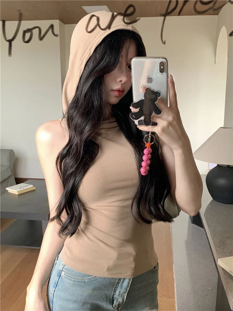 Summer New Tank Top Hooded Vest Women's Tops Streetwear Design Slim Fit Sleeveless Crop Top Solid Color Girls Clothing