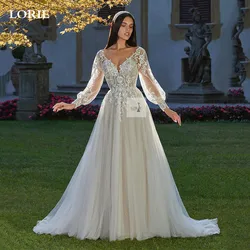 LORIE Classic Wedding Dresses A Line Puff Sleeve  Lace V Neck Appliqued Lace Boho Bride Gown 2024 Tulle vestidos de novia