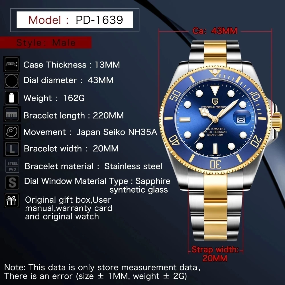 Men's Mechanical Watch Automatic Sapphire Glass Diver's Stainless Steel