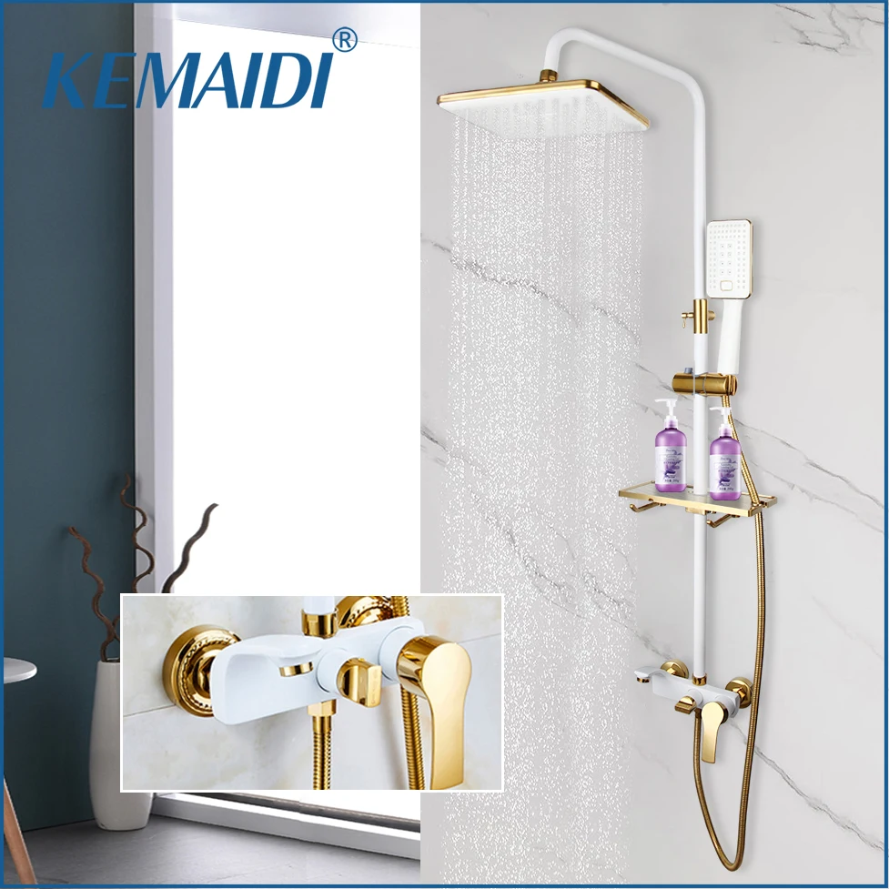 KEMAIDI Bathroom Shower Set W/ Shelf Wall Mount Shower System Hot & Cold Mixer White Gold Rainfall Bathtub Shower Faucet Set