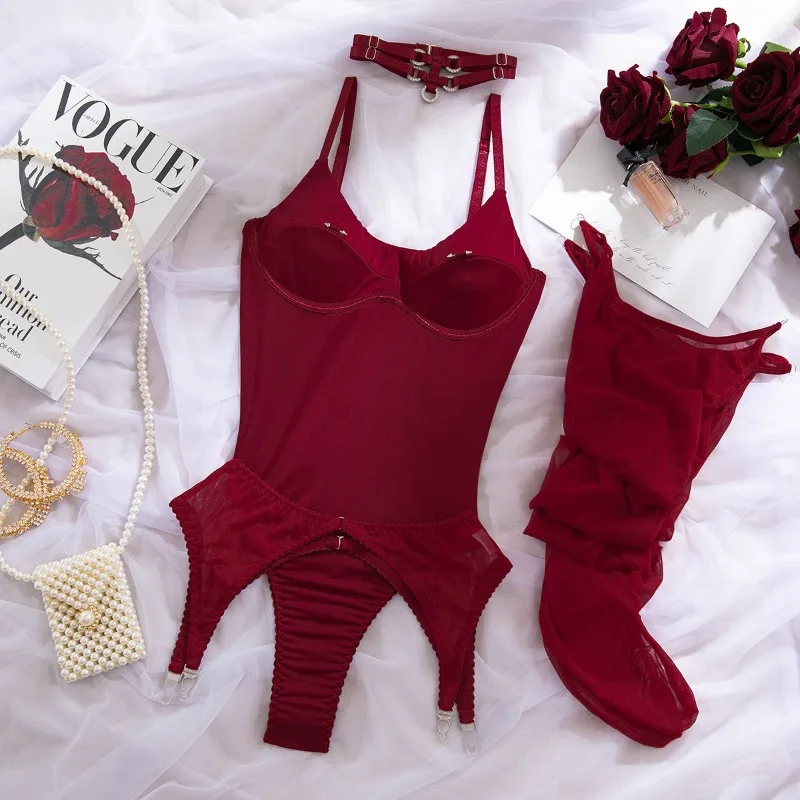 Private lingerie look with fitted bodysuit shape, patchwork detail, and elegant color finish