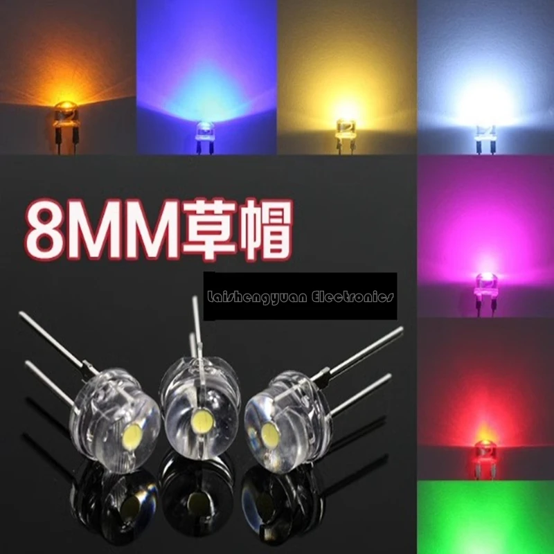 직접 삽입 된 LED 빨대 모자, 백색, 적색, 청색, 녹색, 황색, 0.5W 발광 다이오드, F8 비드, DIP, 8mm, 신제품