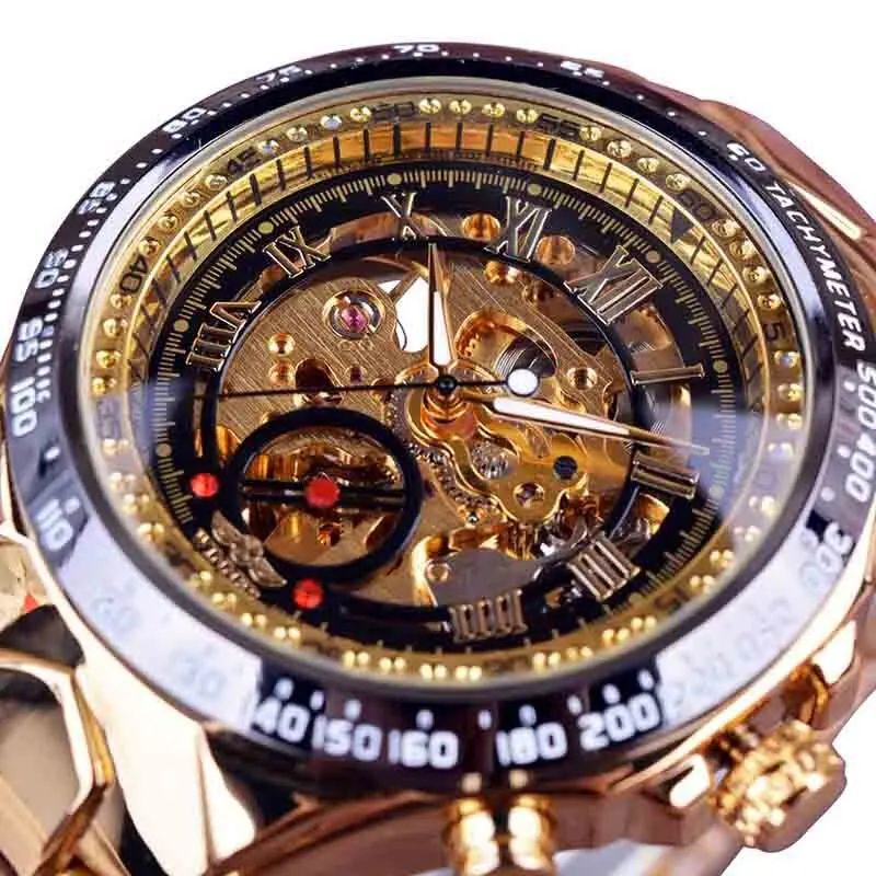 Mechanical Watch Automatic Mechanical Watch Men Luxury Brand Gift with Gold Rhinestones Bracelet Fashion