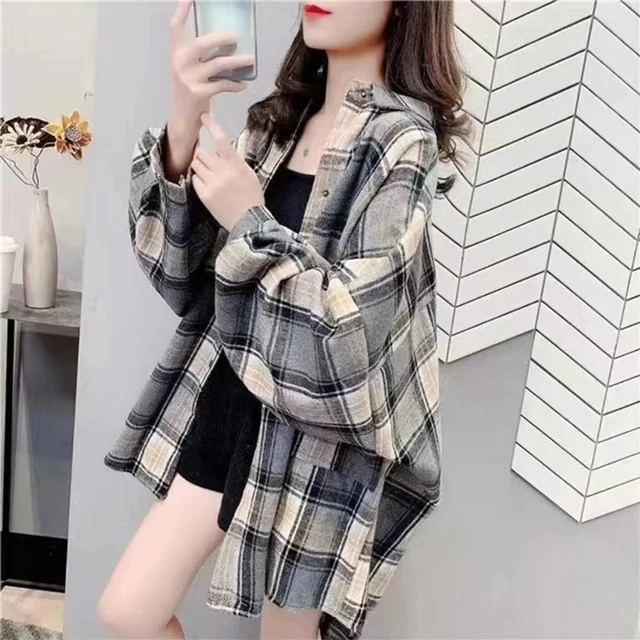 Chemises à carreaux en laine pour femmes, ample, personnalité, manches longues, hauts chauds, polyvalents, simple boutonnage, Chic, mode automne hiver 1