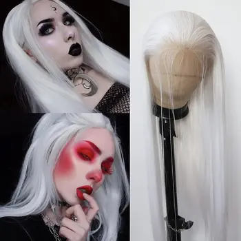 Parrucche anteriori in pizzo lungo dritto Parrucche sintetiche naturali resistenti al calore bianche platino Parrucche legate a mezza mano per l'uso quotidiano cosplay