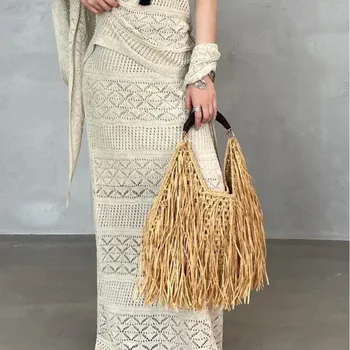 Borsa Tote in Paglia Bohemien con Frange, Grande Capacità, Borsa da Spiaggia Estiva con Elegante Manico Corto, Borsa a Spalla Casual Francese da Donna