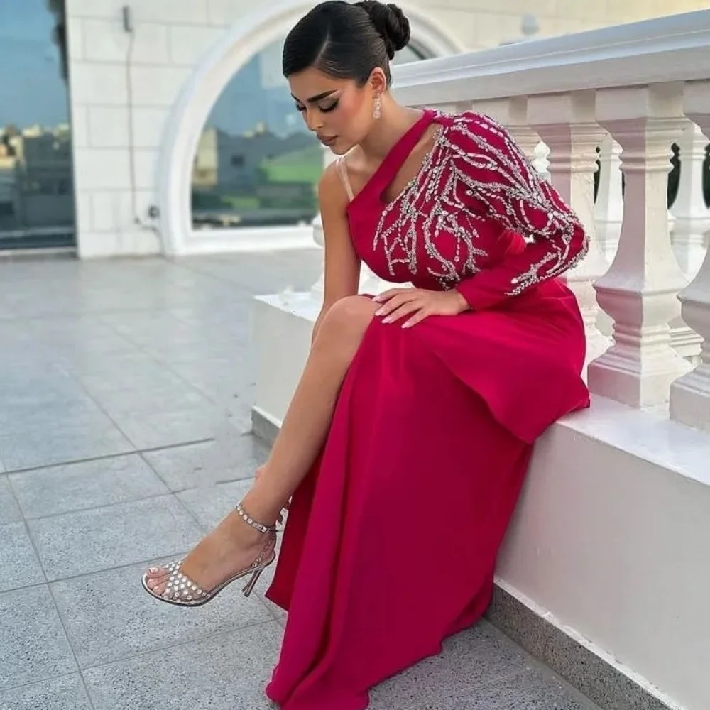 High Quality Sparkle Exquisite Jersey Rhinestone Party Sheath One-shoulder Bespoke Occasion Gown Midi Dresses