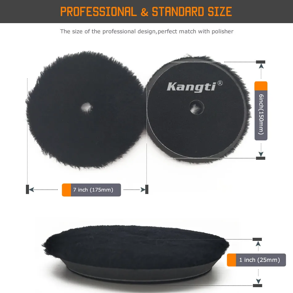 Kangti3 인치 (80mm)5 인치 (125mm) 6 인치 (150mm) 블랙 모직 연마 패드, 자동차 페인트 연마 버핑 모직 패드, 왁싱 버퍼 폴리셔 사용