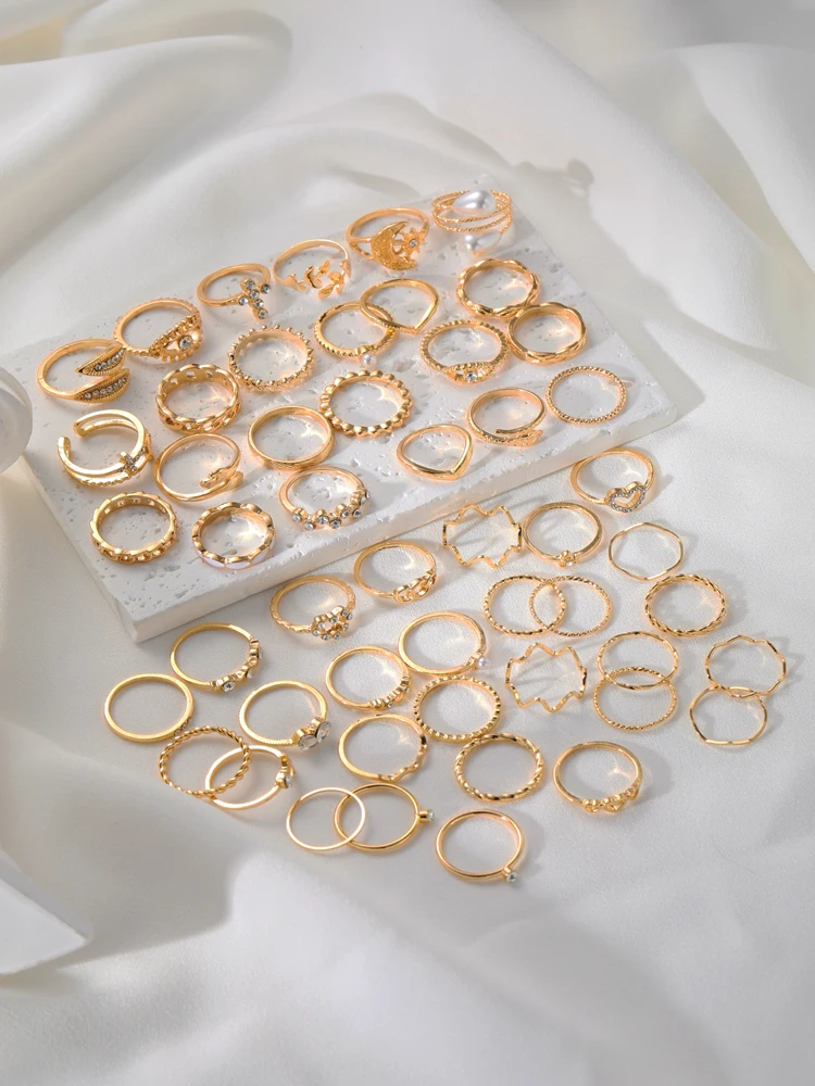 New 50 Pcs Bohemian Gold Color Ring Set For Women Vintage Minimalist Geometric Pearl Love Finger Rings 2024 Trendy Jewelry Gifts