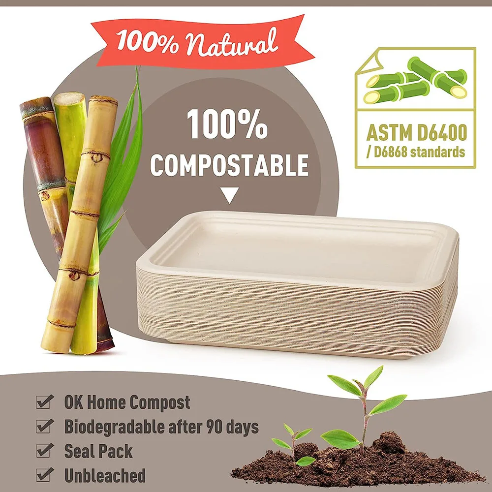 50 Pcs 14 Inch Disposable Food Trays Eco-friendly Large Paper Plates Compostable Sugarcane Filber for Party